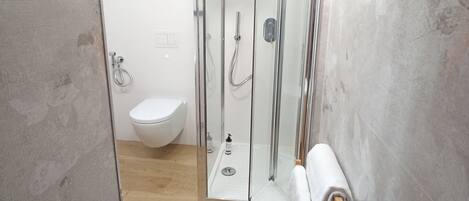 Shower, hair dryer, bidet, towels