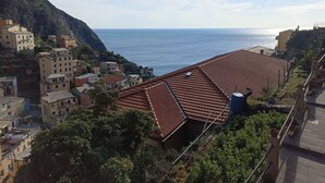 A coastal town with terracotta-roofed buildings, a clear view of the sea, and lush greenery. - Stunning Sea View Apartment in the Heart of Riomaggiore (Riomaggiore)