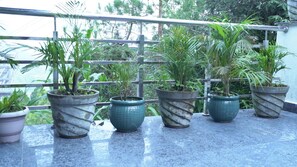 A balcony with potted plants and a railing. - StudioZ Paradise Hills Mussoorie (Mussoorie)