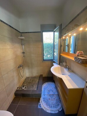 Shower, hair dryer, towels, soap