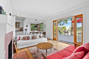 Smart TV, fireplace, books, music library