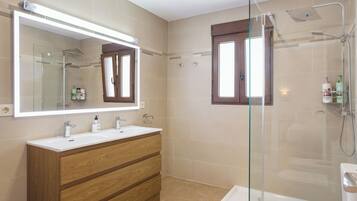 Hair dryer, bidet, towels, soap