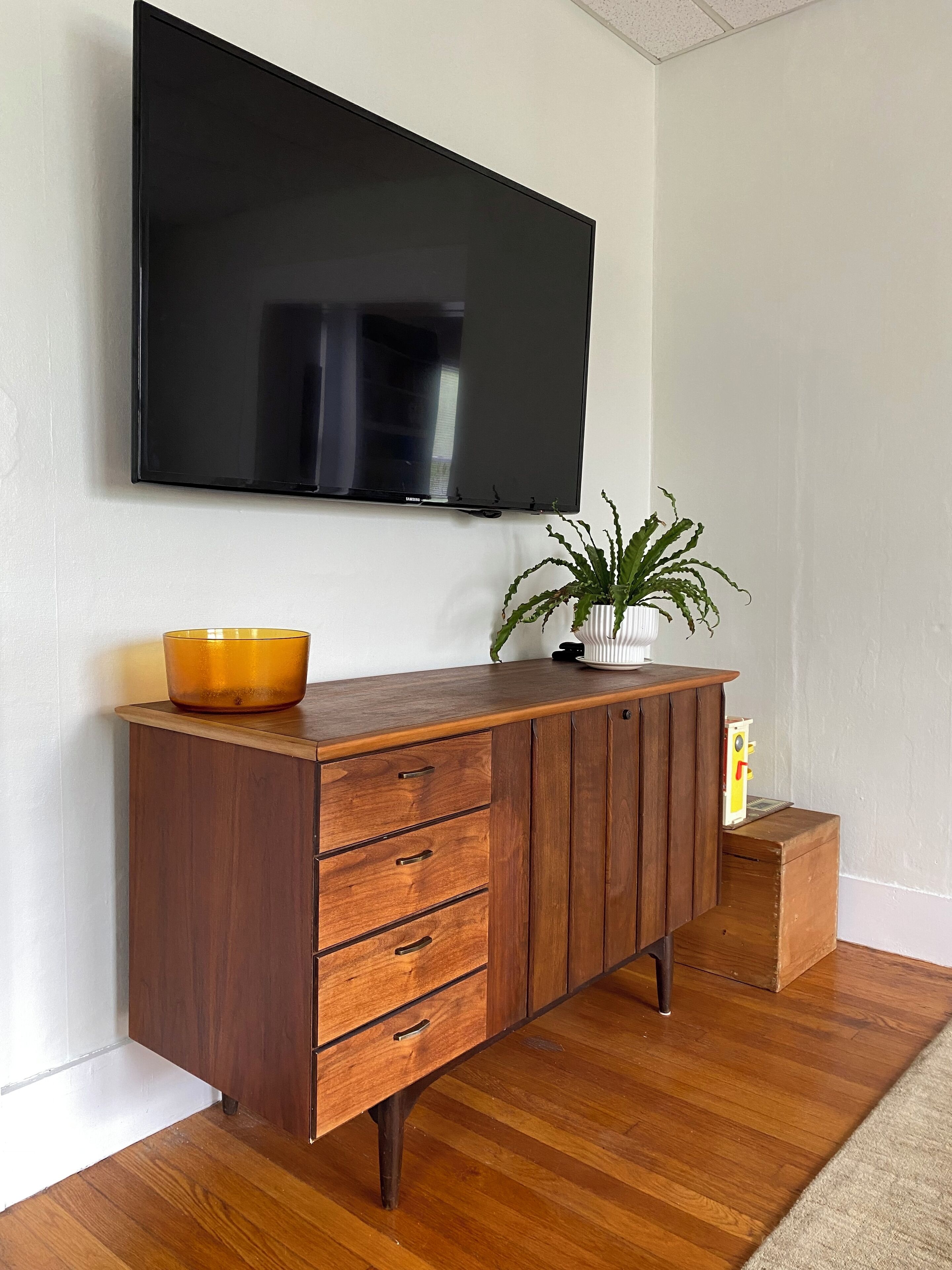 Un meuble en bois avec des tiroirs, un téléviseur fixé au mur et une plante en pot posée sur le dessus.