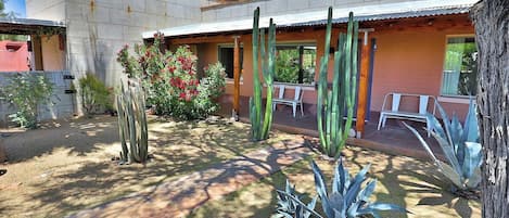 A building with a patio area featuring cacti and agave plants, a covered seating area, and a clear sky.