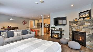 TV, fireplace, video library, stereo