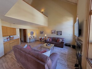 Smart TV, chimenea, reproductor de DVD y libros 