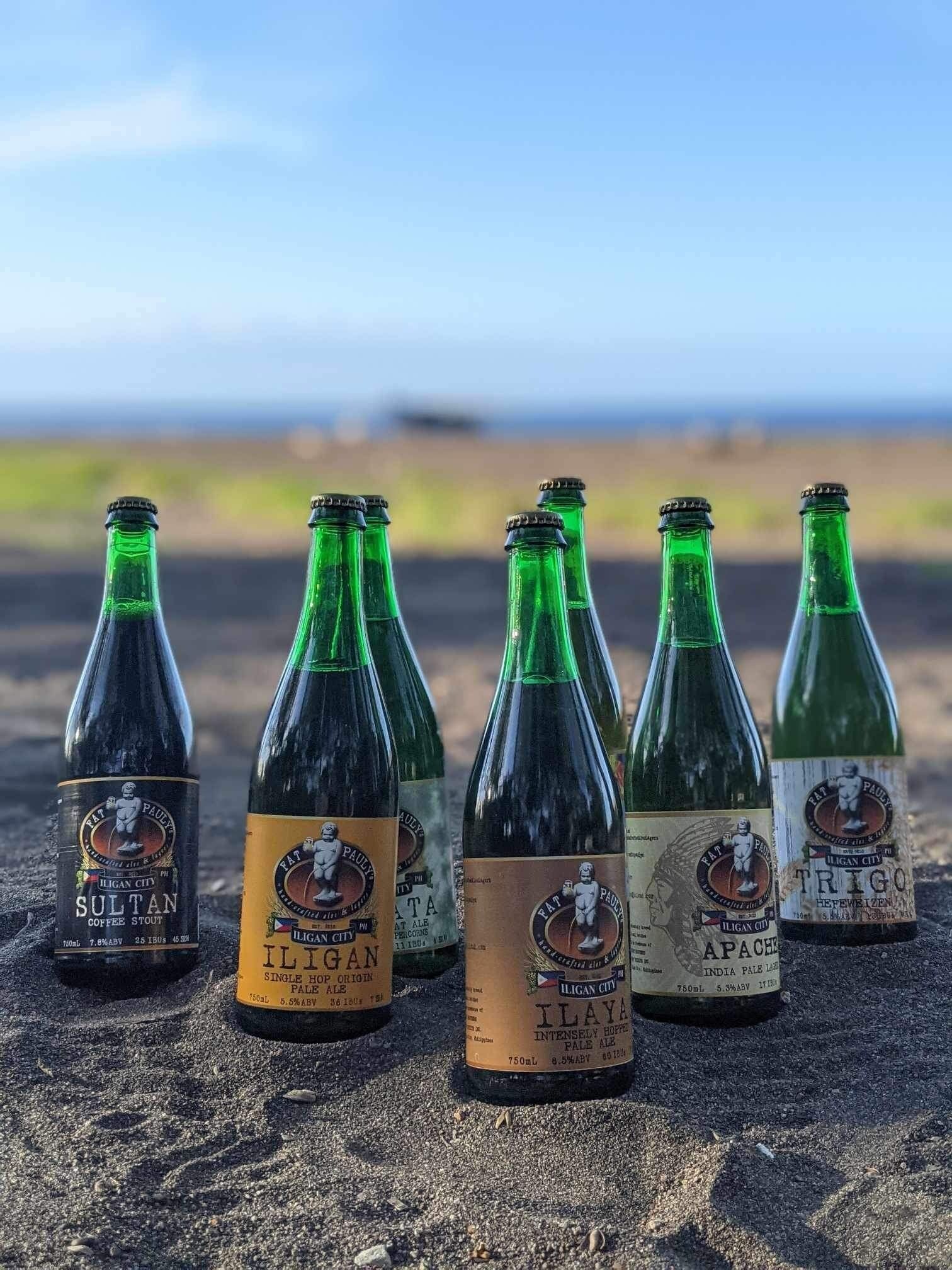 Five bottles of beer on a sandy surface with a clear sky in the background.