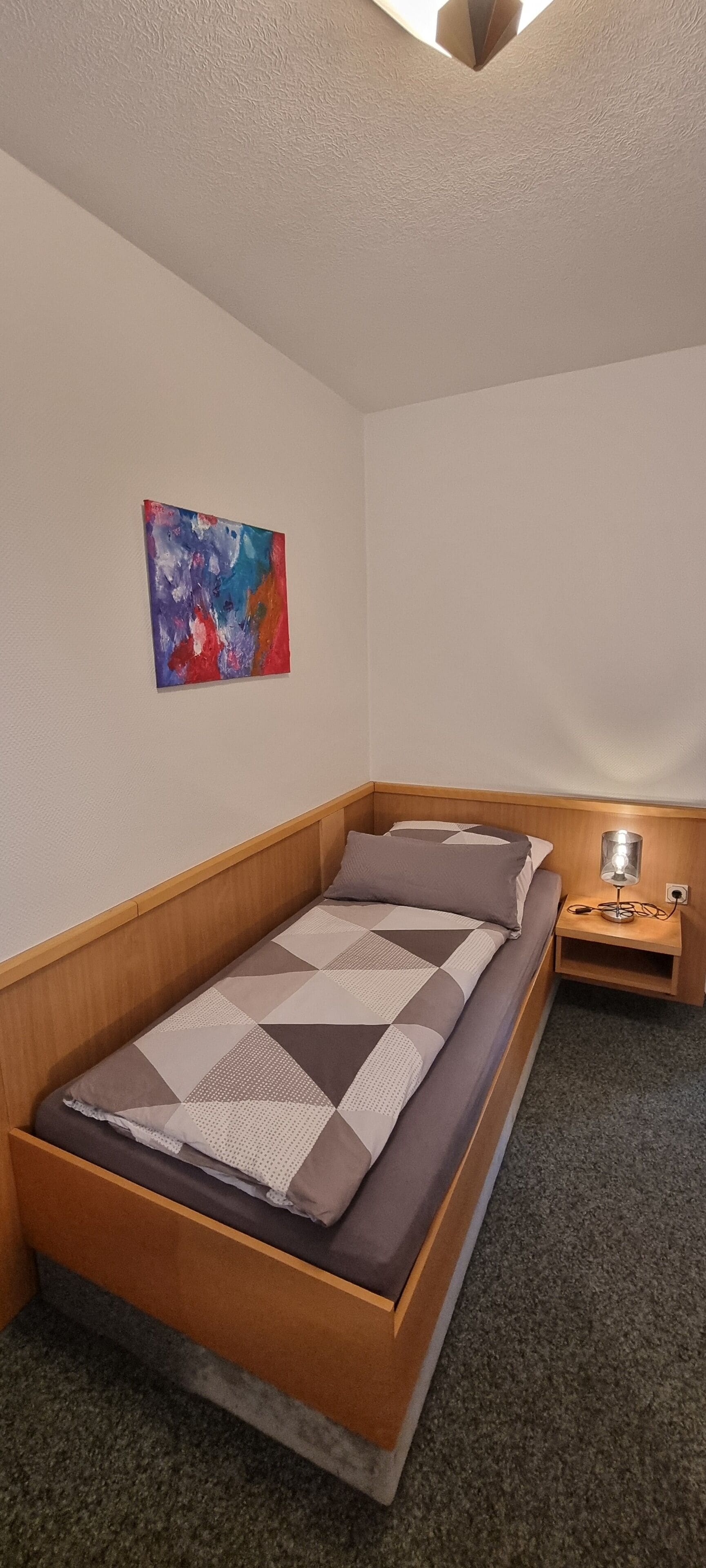 A single bed with a geometric-patterned bedspread, a wooden headboard, a nightstand with a lamp, and a colorful abstract painting on the wall.