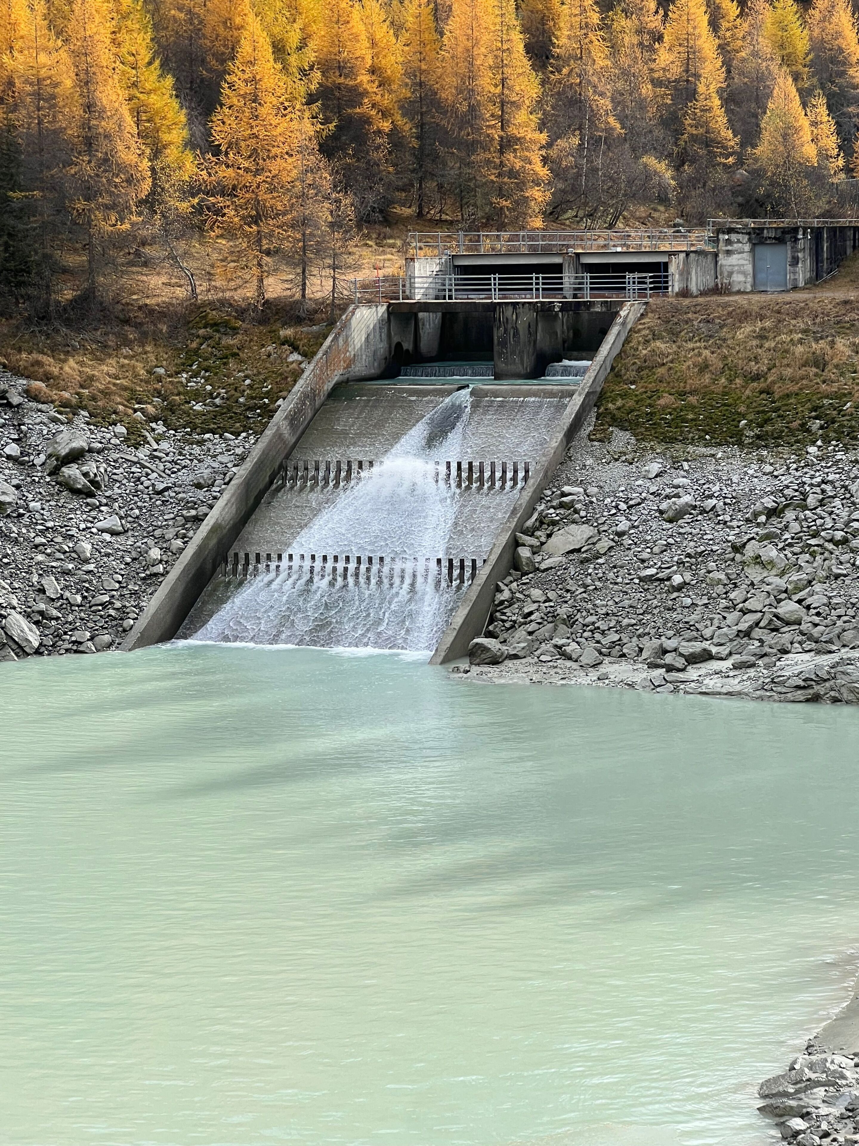 A dam with a water channel, surrounded by a forest.