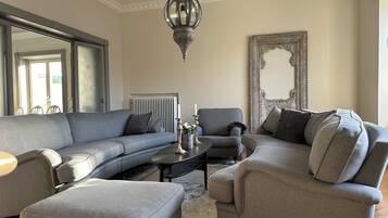 TV connectée, cheminée, livres, chaßne hi-fi