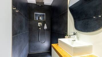 Regadera, secadora de cabello, toallas, papel de baño