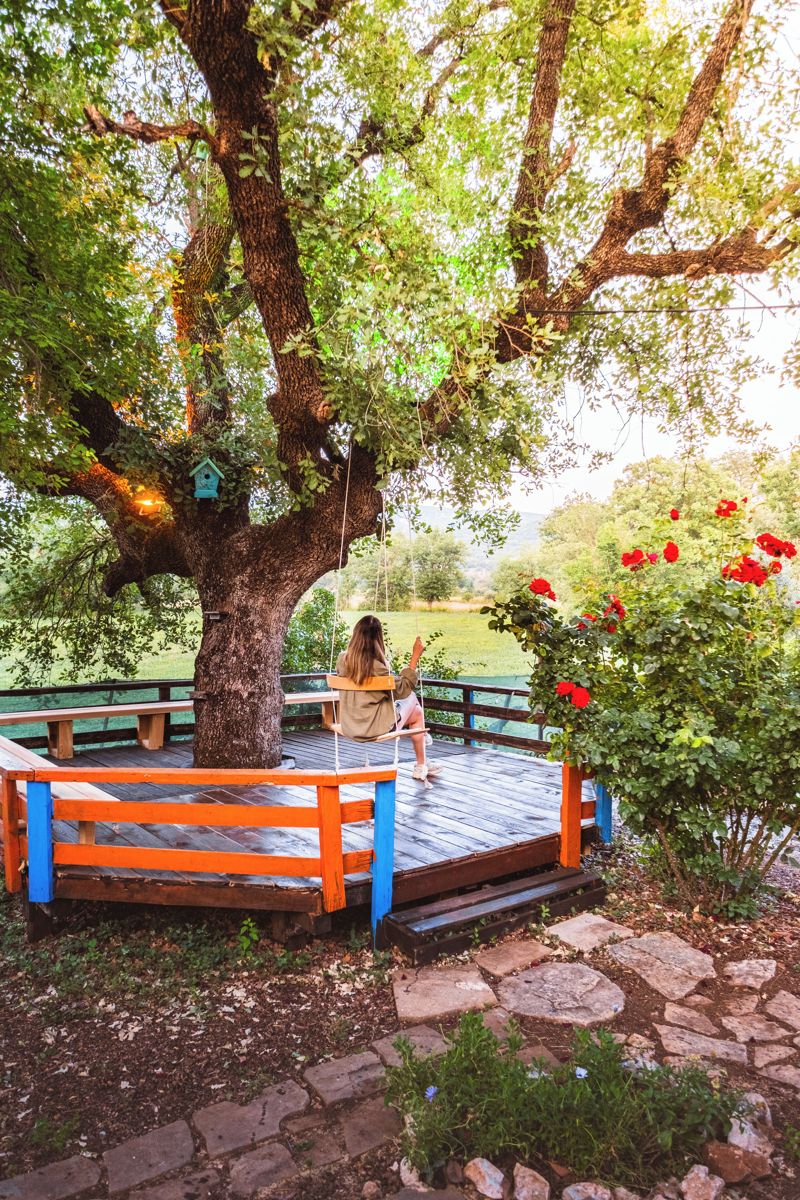 Un asiento de madera colgante sujeto a un árbol grande, una terraza de madera con barandilla azul y un sendero de piedra.