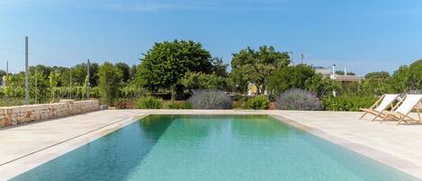 A rectangular swimming pool with clear water, surrounded by a stone wall and greenery.