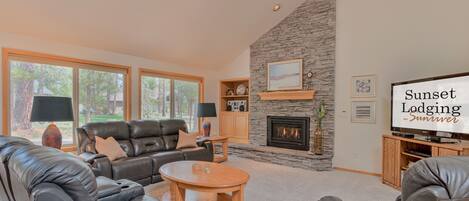 Televisión, chimenea, reproductor de DVD, estéreo