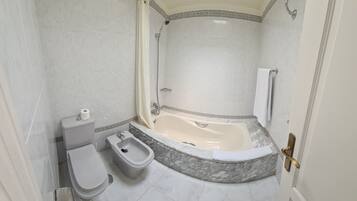 Hair dryer, bidet, towels, toilet paper