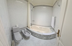 Secador de cabelo, bidê, toalhas de banho, papel higiênico