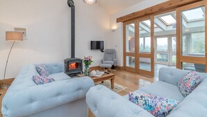 A modern living room with a fireplace, two sofas, a TV, and large windows.