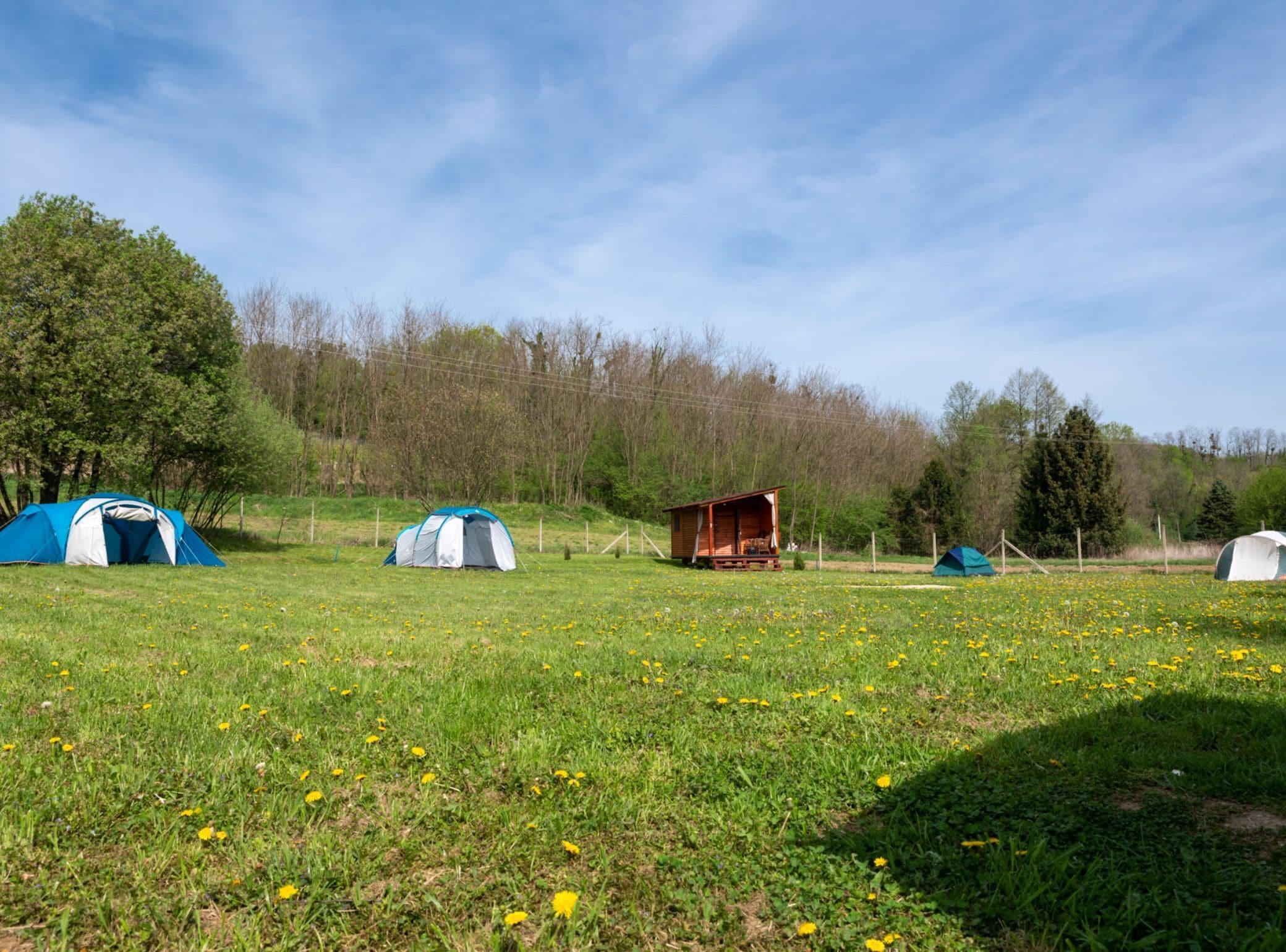Un camping con varias tiendas de campaña y una cabaña de madera.