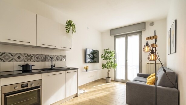 Une cuisine moderne avec un poêle noir, un évier et un plan de travail. Un téléviseur est fixé au mur et une plante est posée sur le rebord de la fenêtre.
