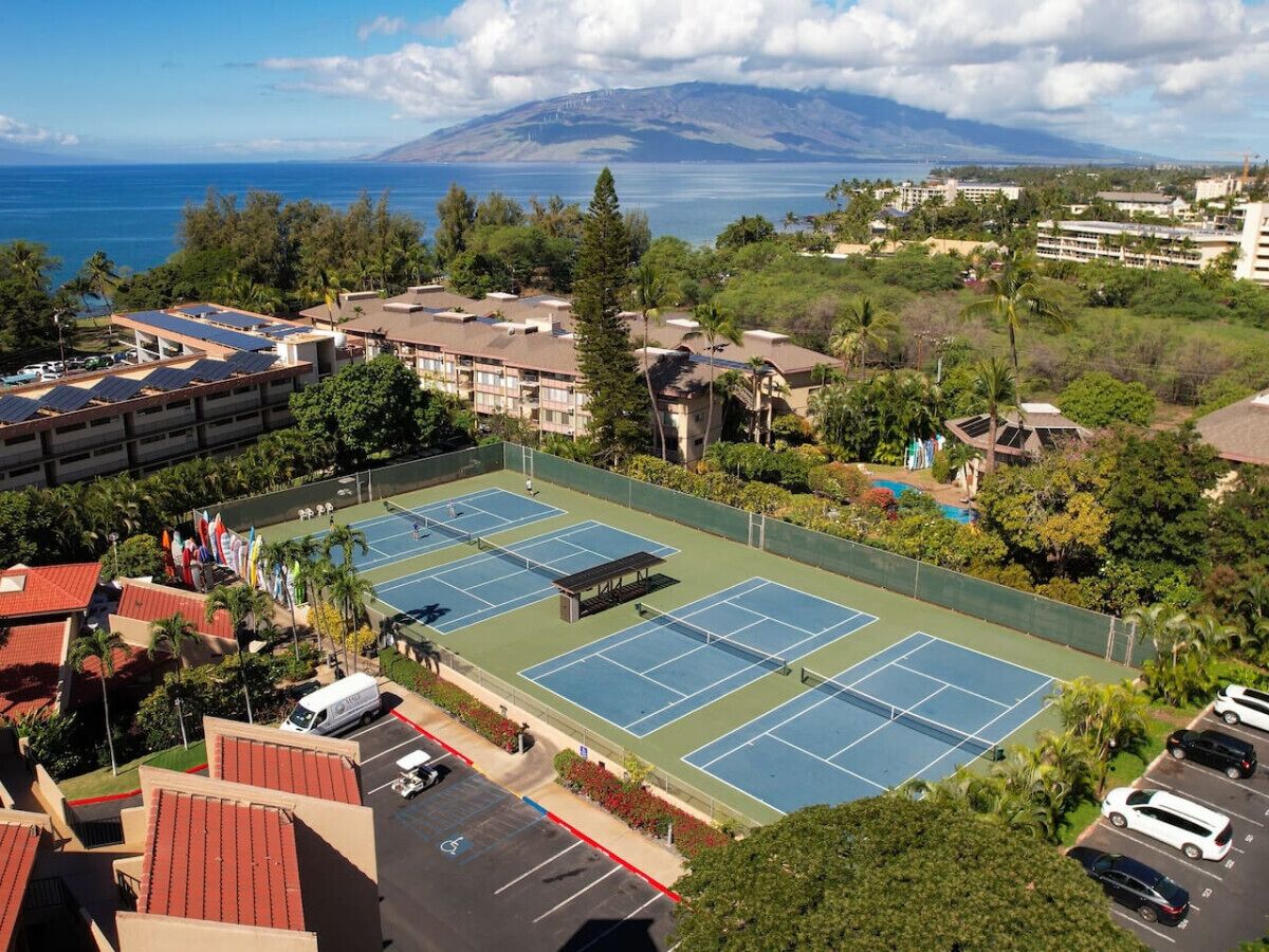 A tennis court complex with multiple courts, surrounded by buildings and trees, with a view of the ocean and a mountain in the background.