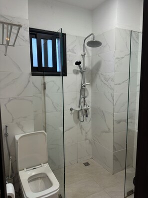 Douche, serviettes fournies, papier toilette