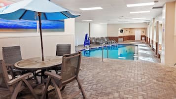 Indoor pool, outdoor pool, pool umbrellas, sun loungers