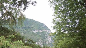 Un petit bâtiment coiffé d’un toit de tuiles, entouré d’une végétation luxuriante et adossé à une falaise abrupte.