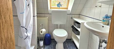 A small, compact bathroom with a toilet, sink, and shower area.