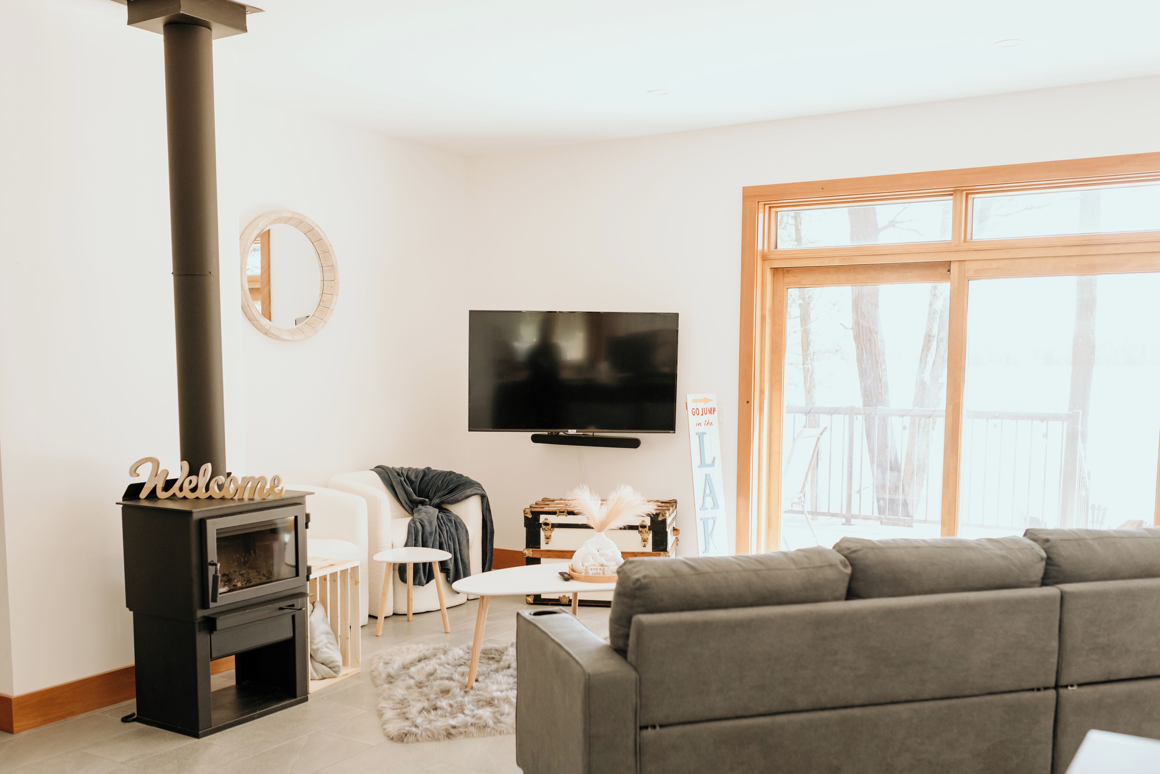 Smart TV, fireplace, books