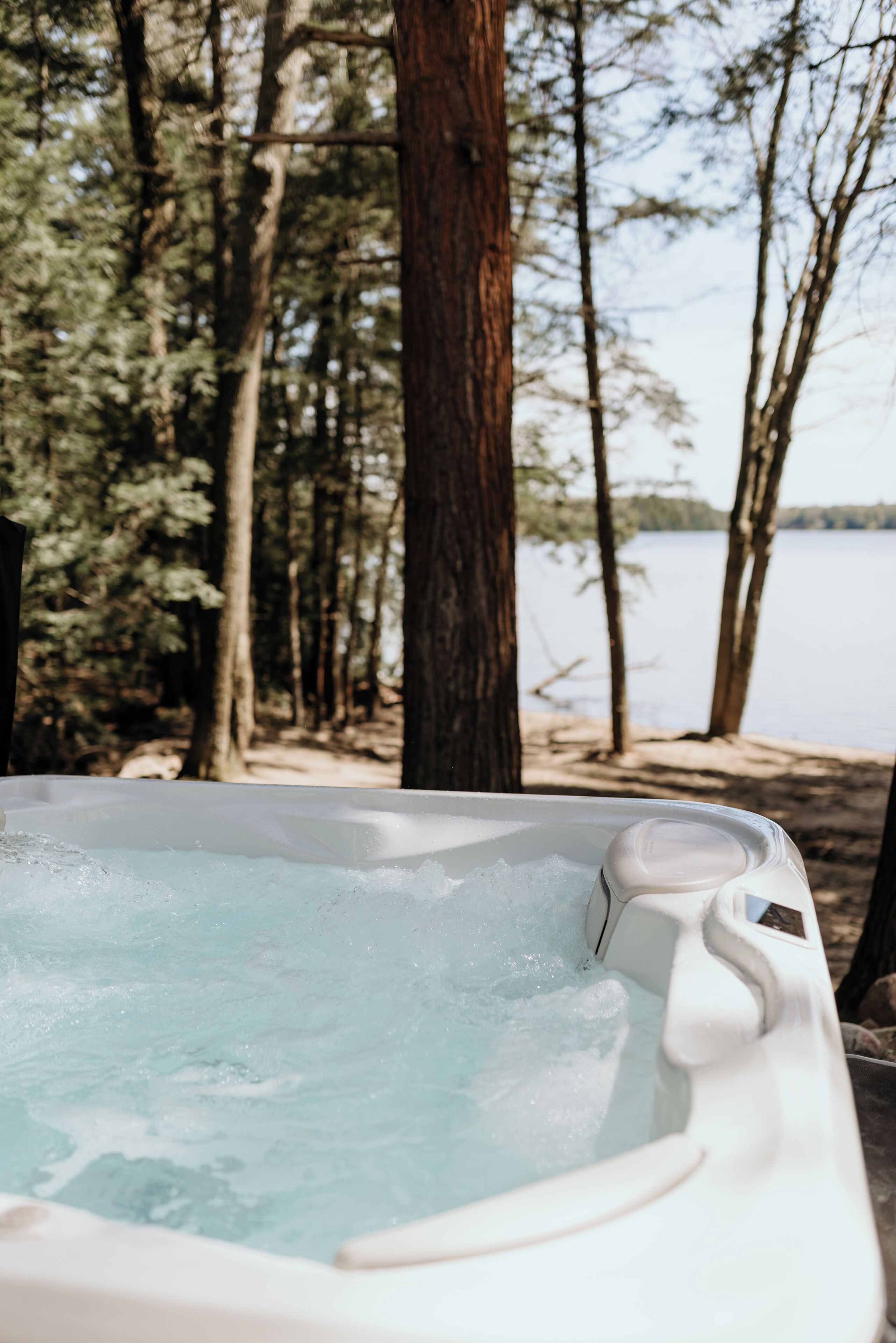 Un bain à remous entouré d’arbres et bordant un lac.