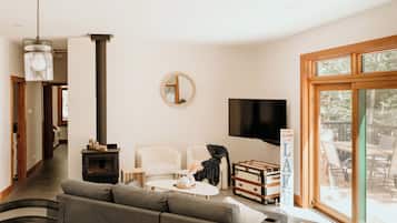 Smart TV, chimenea y libros