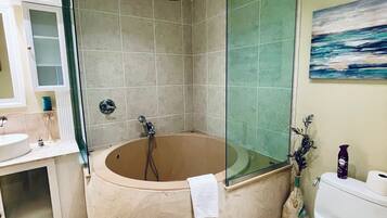 Hair dryer, towels, soap