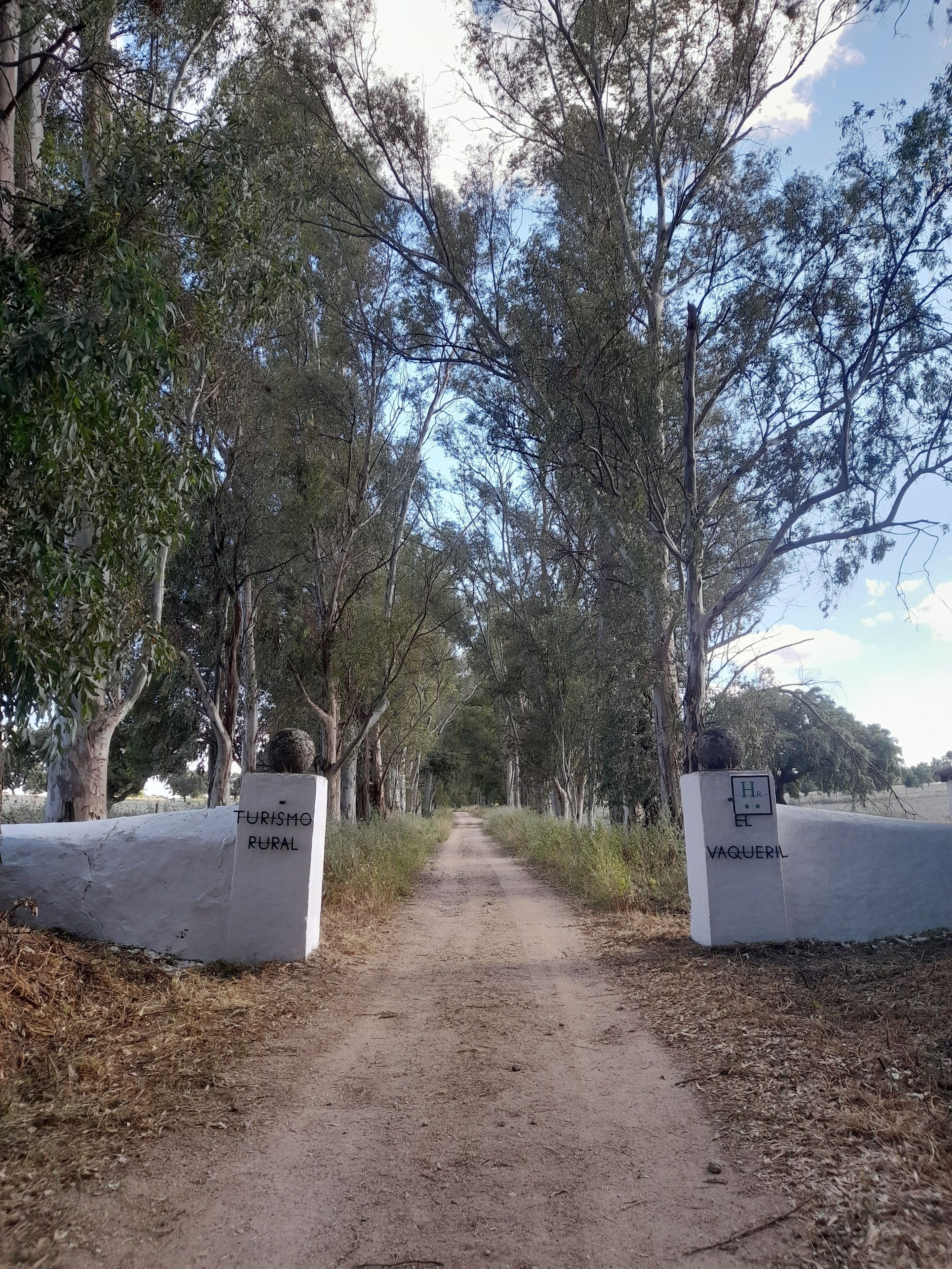 Un sendero de tierra que conduce a una zona de turismo rural con árboles a ambos lados y un cartel que indica 'Turismo Rural' y 'Vaqueir'.