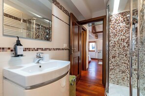 Shower, hair dryer, bidet, towels