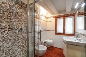 Shower, hair dryer, bidet, towels