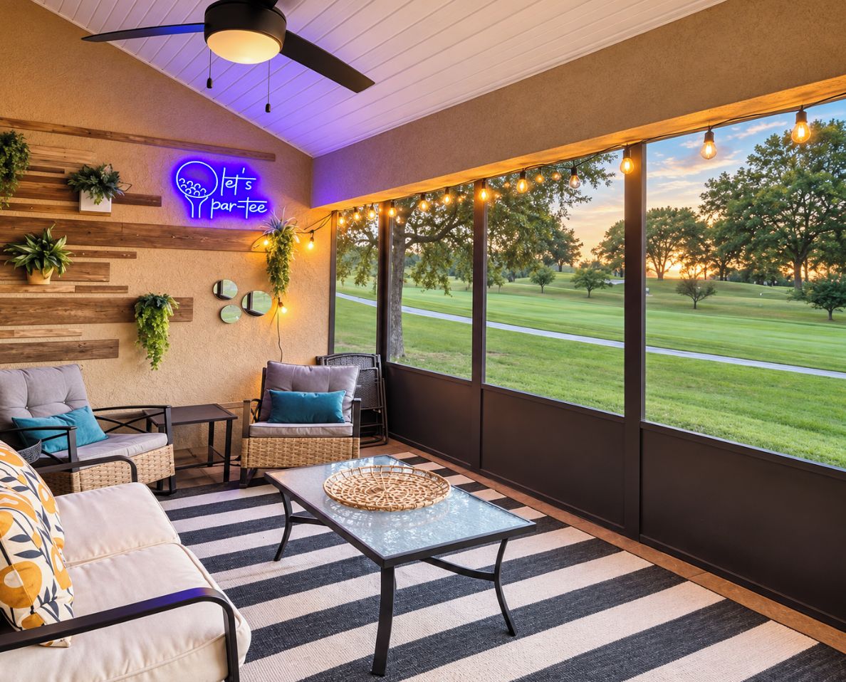Spacious patio right off the 1st hole.  Enjoy a drink, morning coffee, fun times