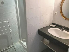 Bathroom features a shower with a glass door, a sink with a basin and faucet, and a mirror above.