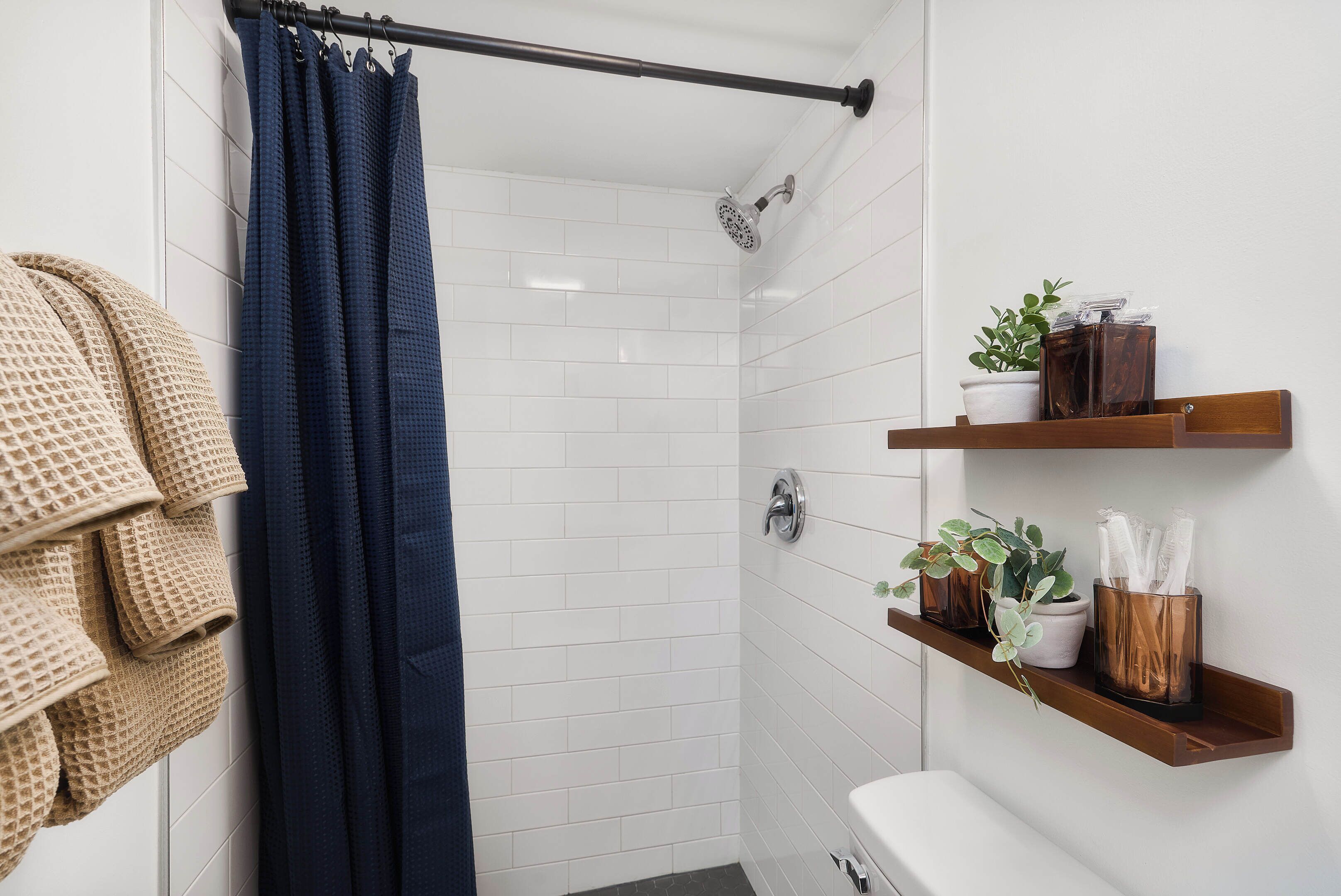 Hair dryer, towels, soap, shampoo