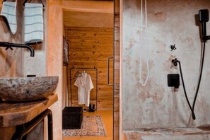 Hair dryer, towels, soap, shampoo