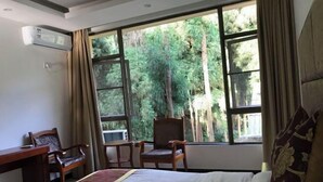 A hotel room with a bed, a desk, two chairs, and large windows with a view of trees.