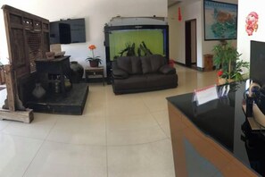 A living room with a sofa, a television, and a fireplace. - Mount Emei Feng Lin Yue Hotel (Emeishan City)
