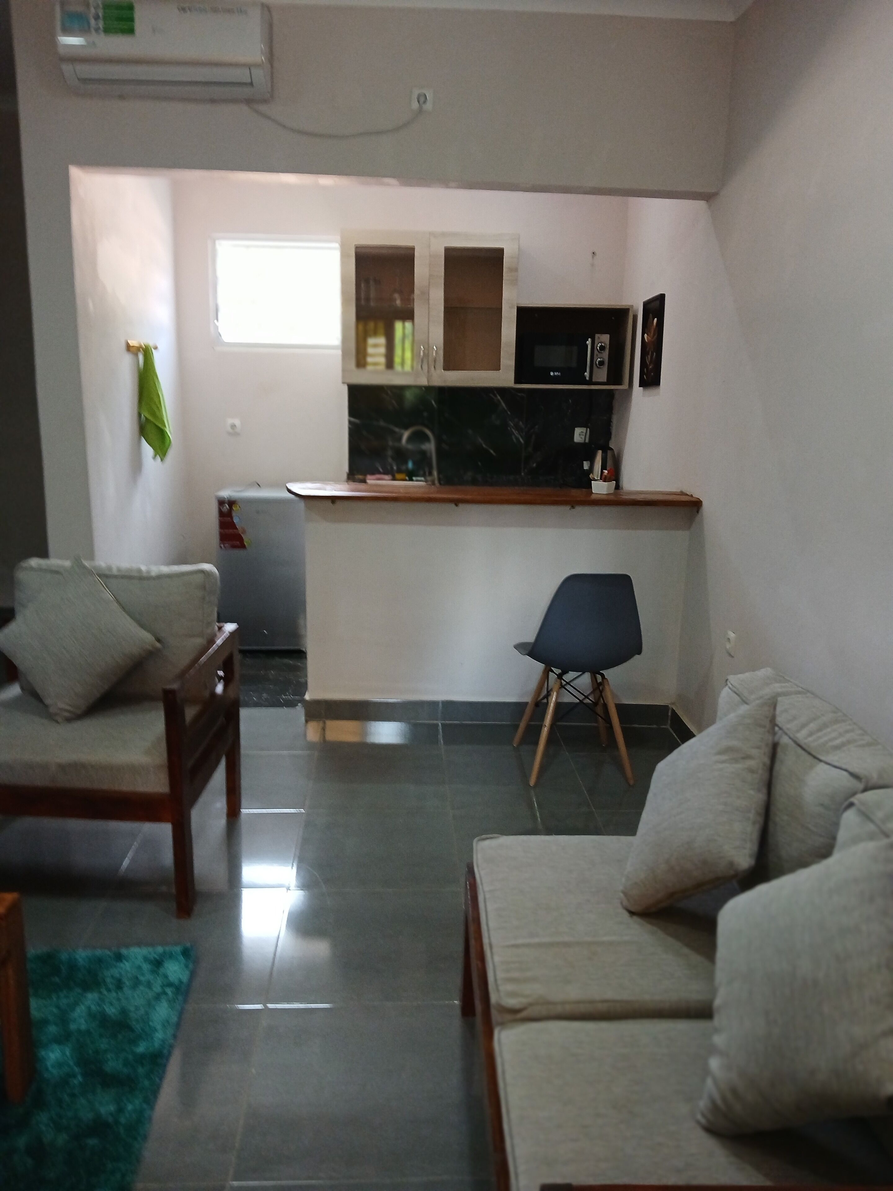A compact living space with a kitchenette, two sofas, a teal rug, and a small dining table.
