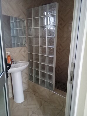 Shower, towels, soap, toilet paper