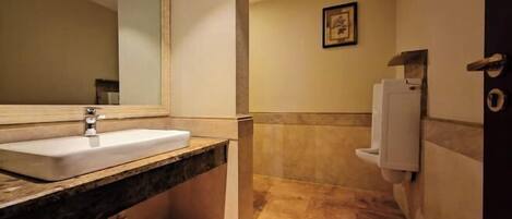 A bathroom with a sink, mirror, toilet, and a framed picture on the wall.