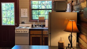 Eine rustikale Küche mit Holzwand, Herd, Spüle und Kühlschrank.