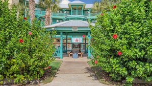 Un bâtiment turquoise doté d’un patio couvert, entouré d’une végétation luxuriante et de fleurs rouges.