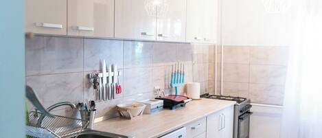 Fridge, oven, stovetop, coffee/tea maker