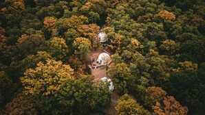 An aerial view of a forested area with two white dome-shaped structures, likely yurts, surrounded by dense trees. - Oak Haven Oasis ~ Dome 1 (Brandon)