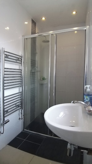 Dusche, Handtücher, Shampoo, Toilettenpapier