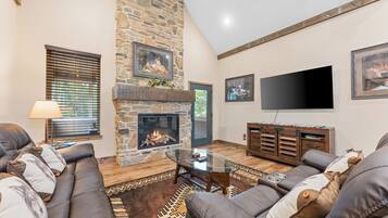 Smart TV, chimenea y libros